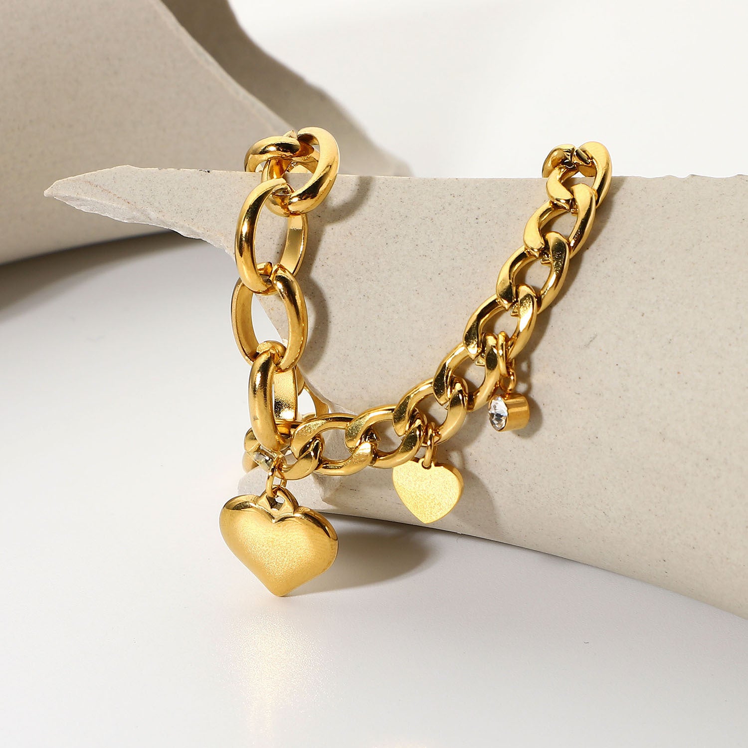 Cuban Chain Oval Chain Double Heart Small Round Zircon Pendant OT Buckle Bracelet18K Gold-plated Stainless Steel Chain