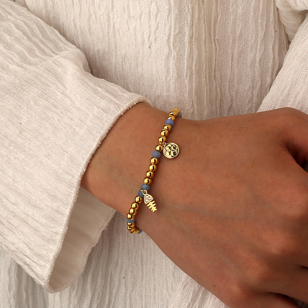 B0269 Fishbone Triangle Inlaid Zircon Chalcedony Beaded Elegant Trendy Bohemian Bracelet