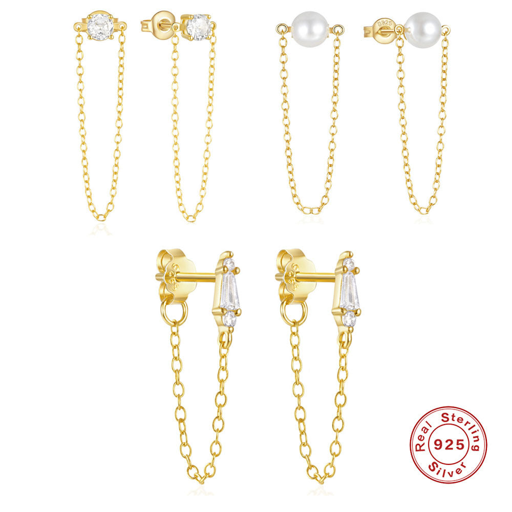 Hot Sale925Pure Silver High-End Design Pearl Inlaid Diamond Pendant Earrings Ear Thread Japanese and Korean Chain Tassel Earrings