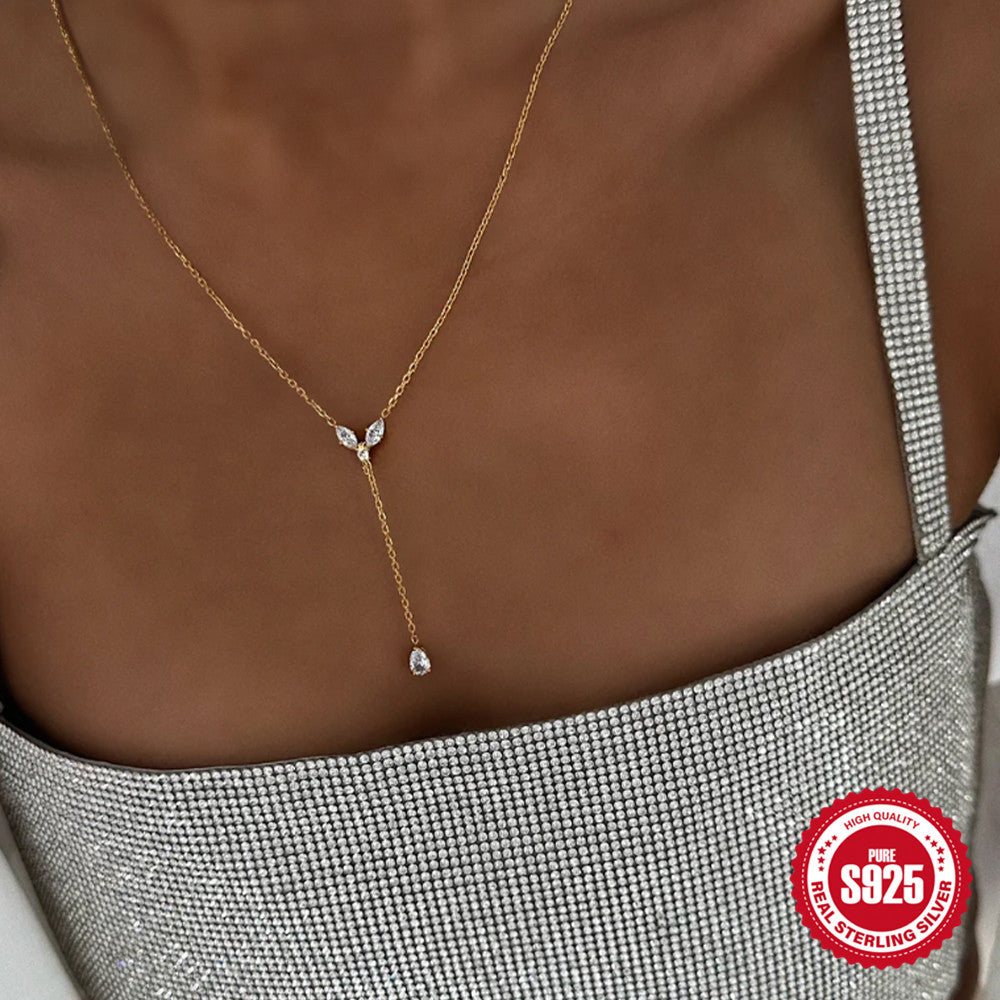 S925 Sterling Silver Diamond Geometric Y Water Drop Necklace