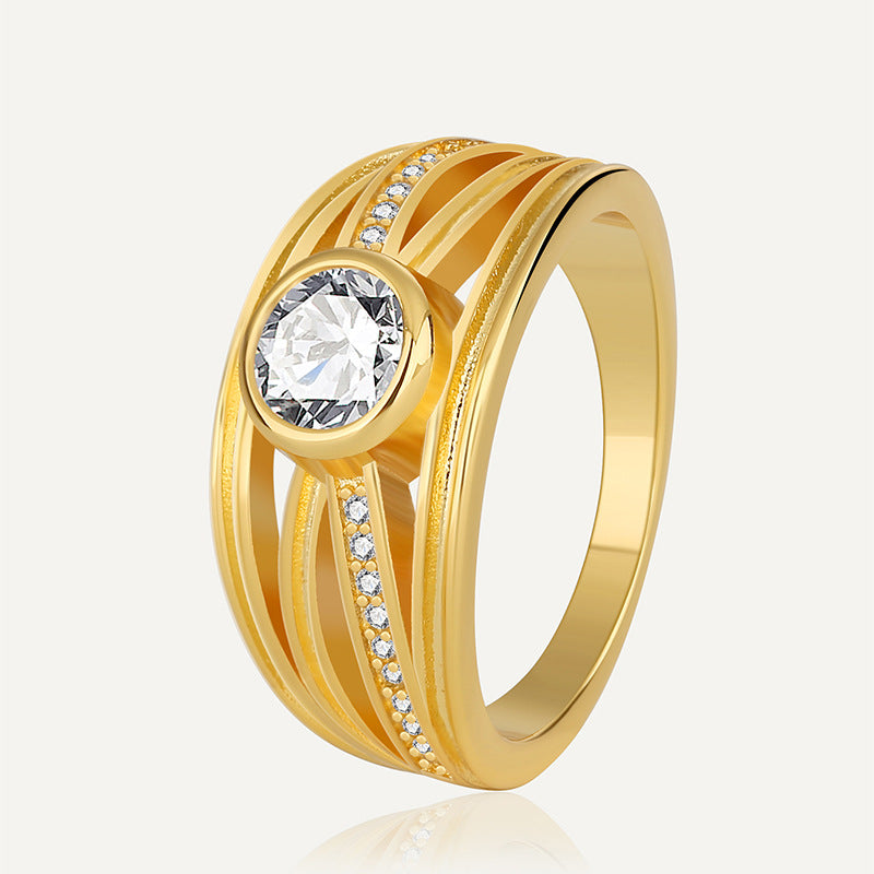 R0319 Fashion Hollow Zircon Ring for Women Brass Gold-Plated Simple Minimalist Ring