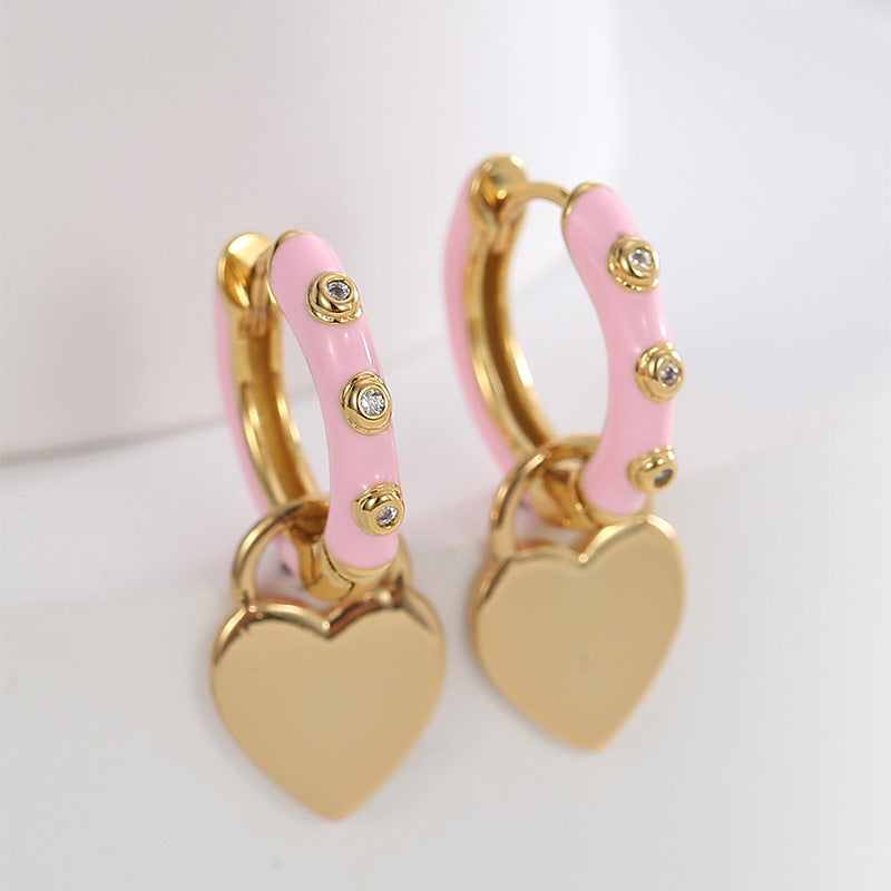 E0503 Fashion Pink Epoxy Micro Inlaid White Zircon Earrings for Women Fresh Sweet Cool Heart-shaped Drop Earrings