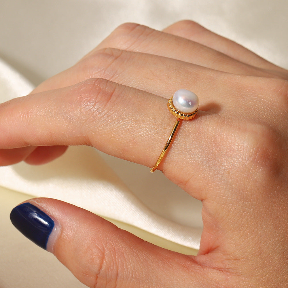2H  Fashion Versatile Same Style Ring 18K Gold Stainless Steel Adjustable Freshwater Pearl Bread Bead Fine Ring