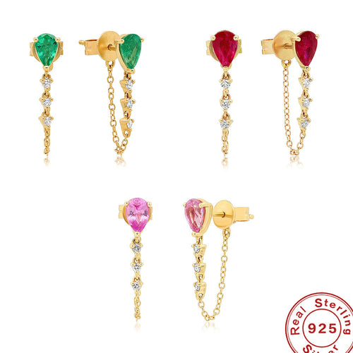 Colorful Water-Drop Zircon Tassel 925 Sterling Silver Earrings — front view