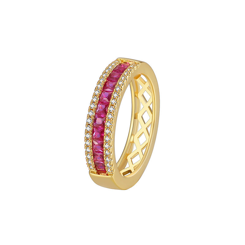 R0397 Hong Kong Fashion Couple Simple Single Row Red Zircon Ring for Women Copper Plated18K Golden Fashion