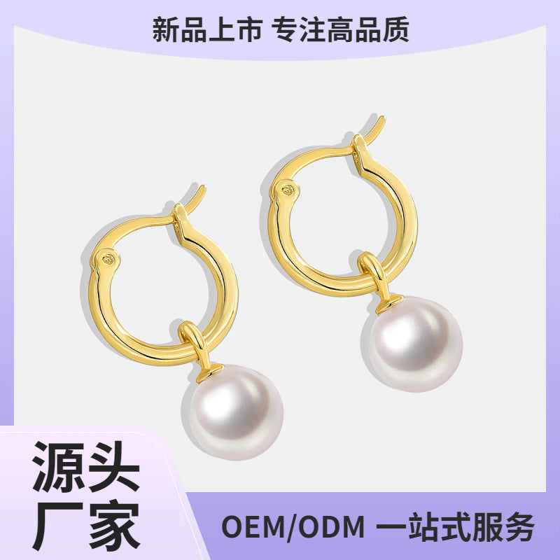 Gold-Plated Brass Shell Pearl Hoop Earrings with Minimalist Detail featuring pearl detailing