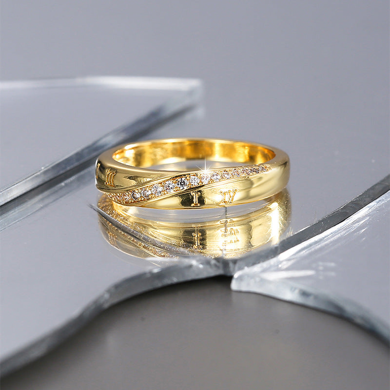 R0420 Fashion New Roman Numeral Pattern Ring for Women, Copper Plated with Real Gold, Micro Pave Zircon Ring