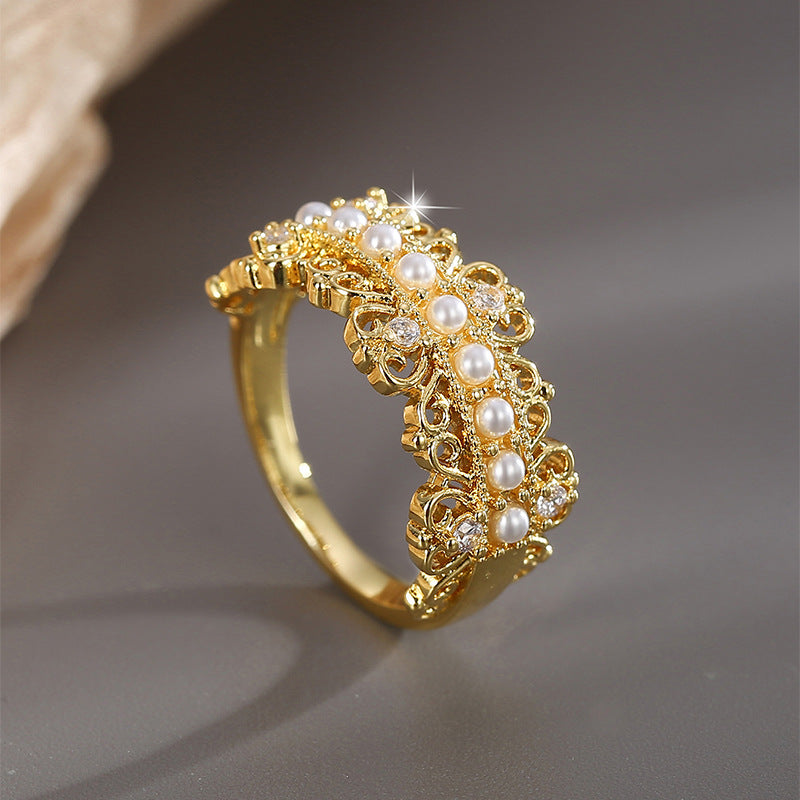 R0417 French Style Exquisite Design Ring for Women, Copper Plated with Real Gold, Inlaid with Zircon and Shell Pearl Tail Ring