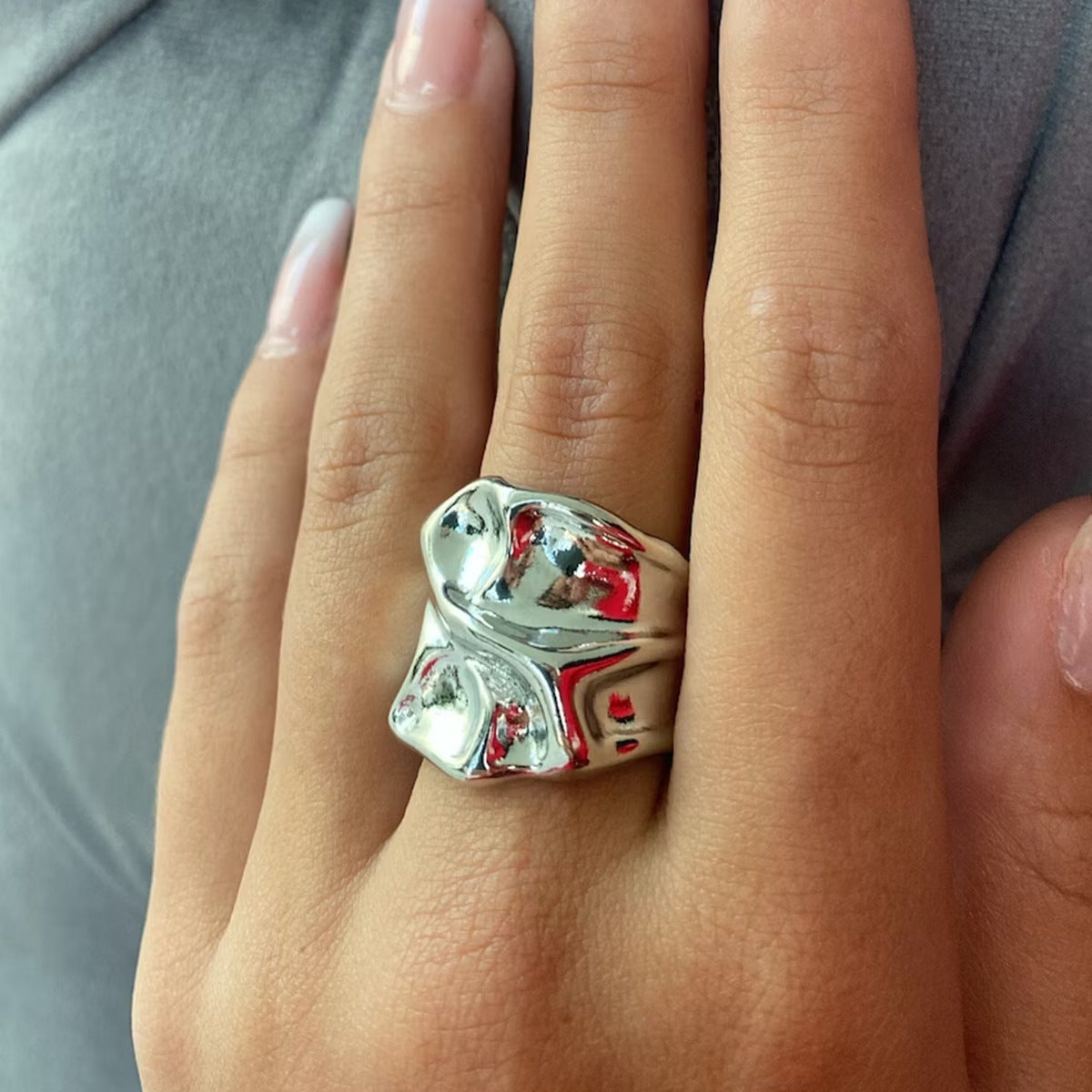 18k Gold Stainless Steel Large Hammer Pattern Open Ring Fashion Simple Unique Design Ring