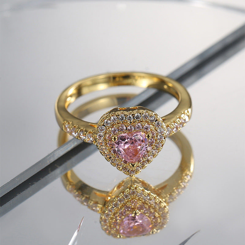 R0537 Fashion Cute Heart-Shaped Pink Zircon Ring for Women Micro-Paved White Zircon Type Ring