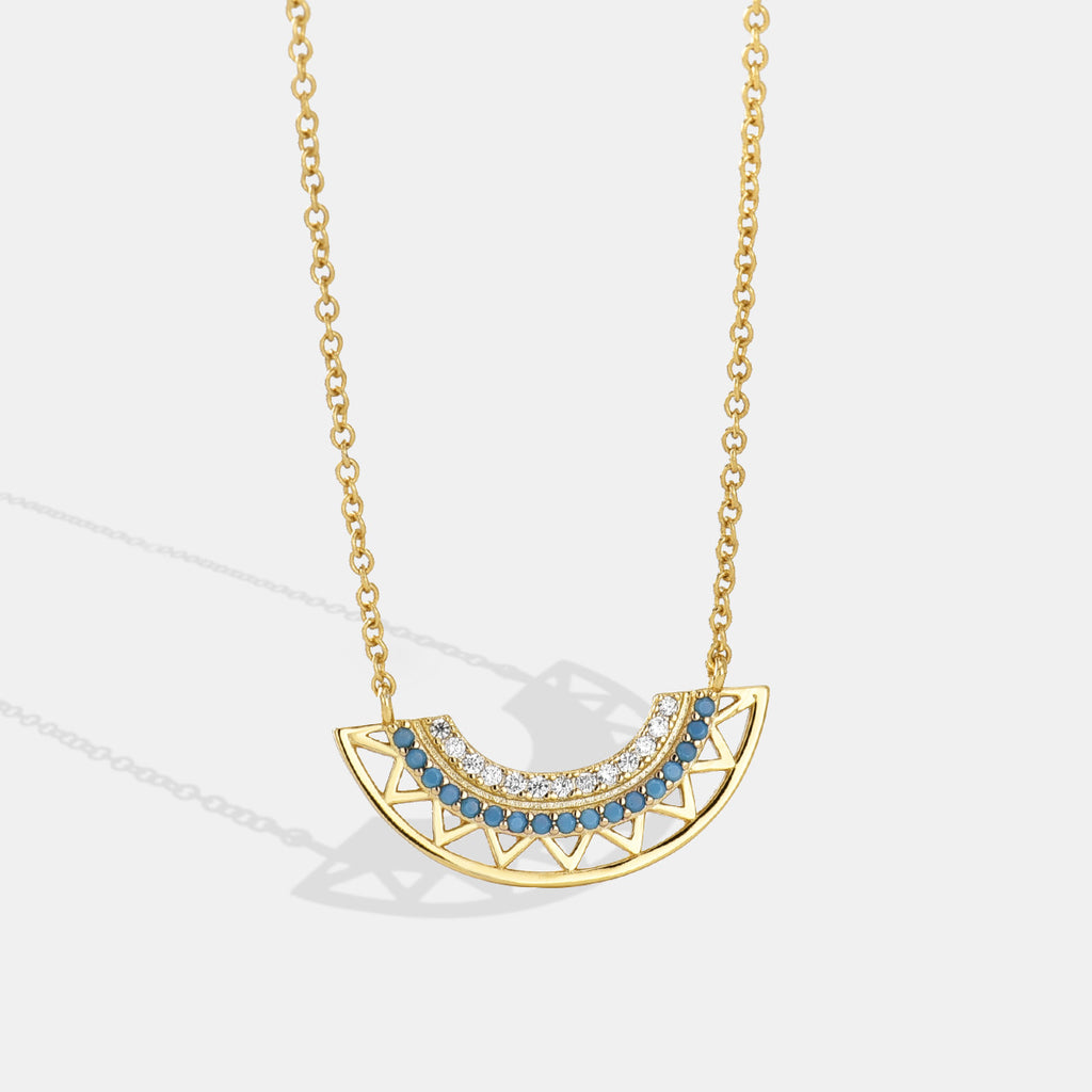 N0124 Bohemian Geometric Fan-Shaped Hollow Pendant Turquoise Necklace Jewelry