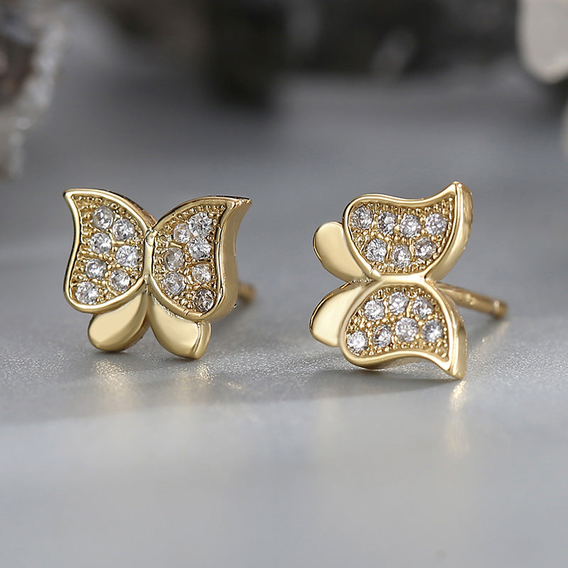 E0562 Small Country Style Bowknot Design Earrings for Women Copper Plated Real Gold Micro Inlaid Zircon Earrings