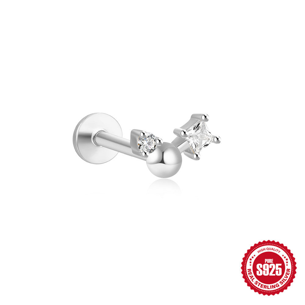 S925Sterling Silver Geometric Star Inlaid with Diamonds Fashion Flat Head Piercing Threaded Ear Bone Stud New Hot-Selling Earrings for Women