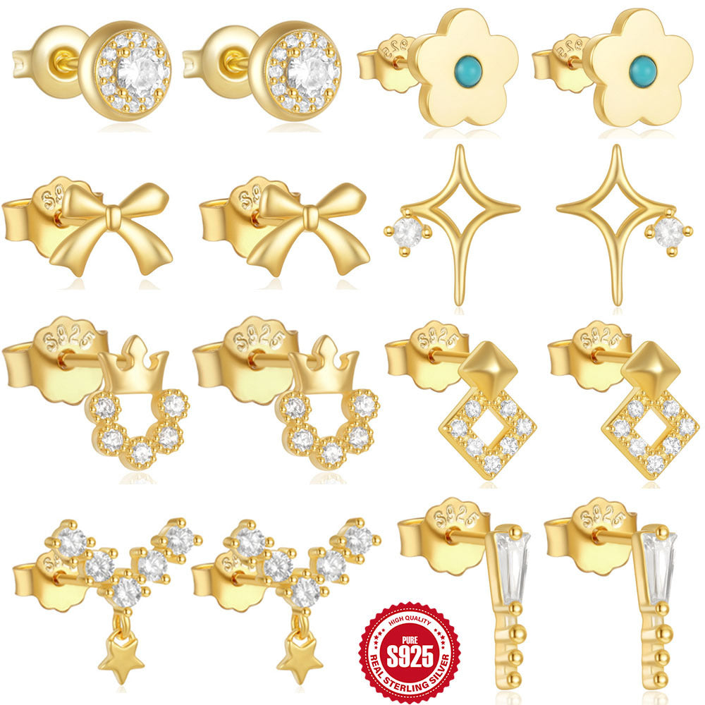 New S925Sterling Silver Stud Earrings V Full Diamond Star Flower Earrings Korean and Japanese Fashion Cute Bowknot Earrings for Women