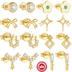 New S925Sterling Silver Stud Earrings V Full Diamond Star Flower Earrings Korean and Japanese Fashion Cute Bowknot Earrings for Women