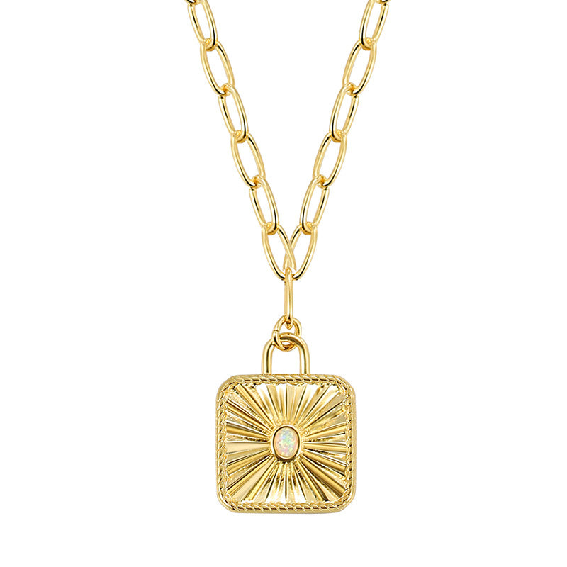 N0234 Vintage Fashion Sun Pattern Opal Inlaid Pendant for Women Brass Gold-Plated Hip-Hop Collarbone Chain