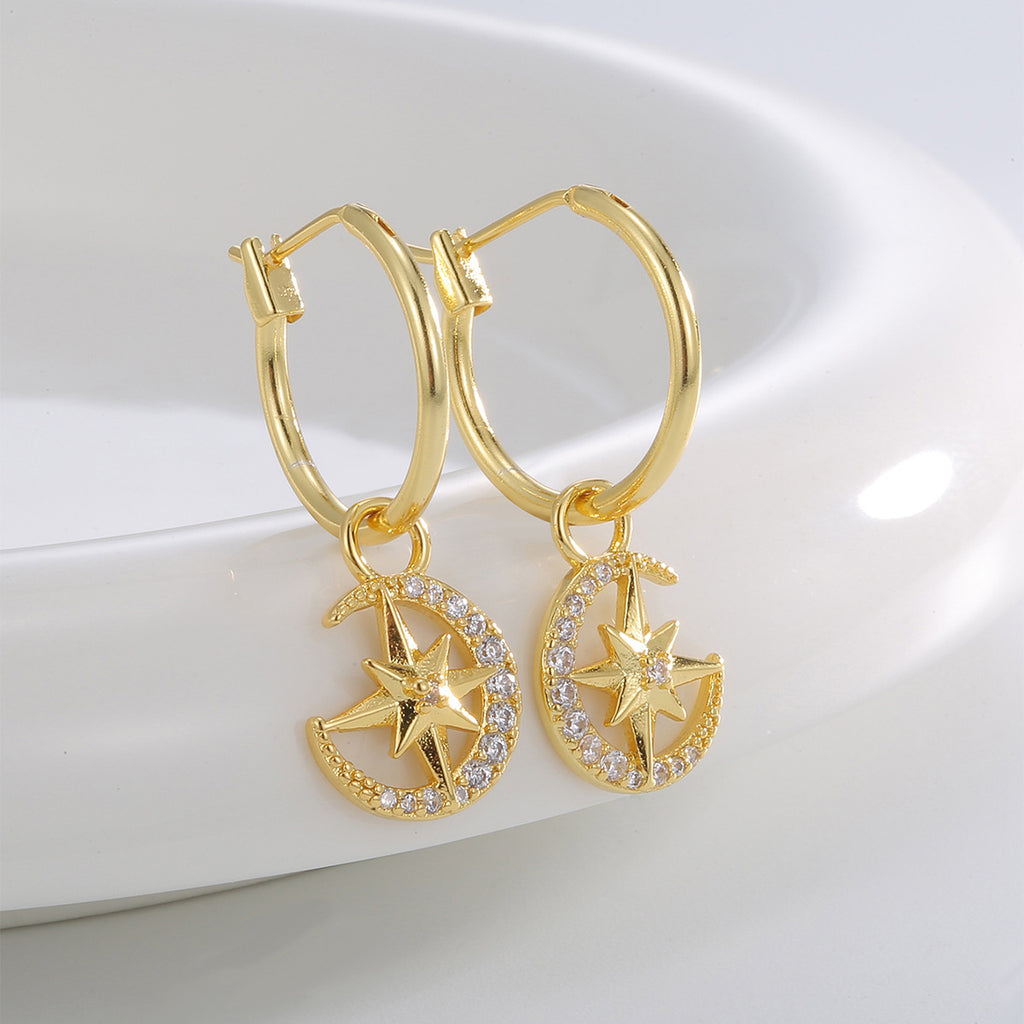 E0830 Fashionable Elegant Earrings for Women Plated Star Moon Inlaid Zircon Earrings