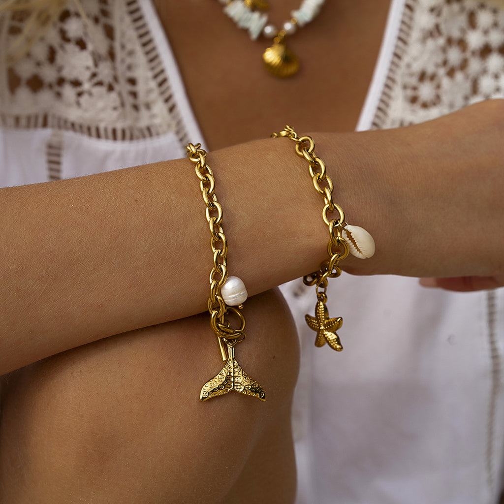 18k Gold Stainless Steel Starfish Shell Conch Bracelet2025Summer new marine series bracelet