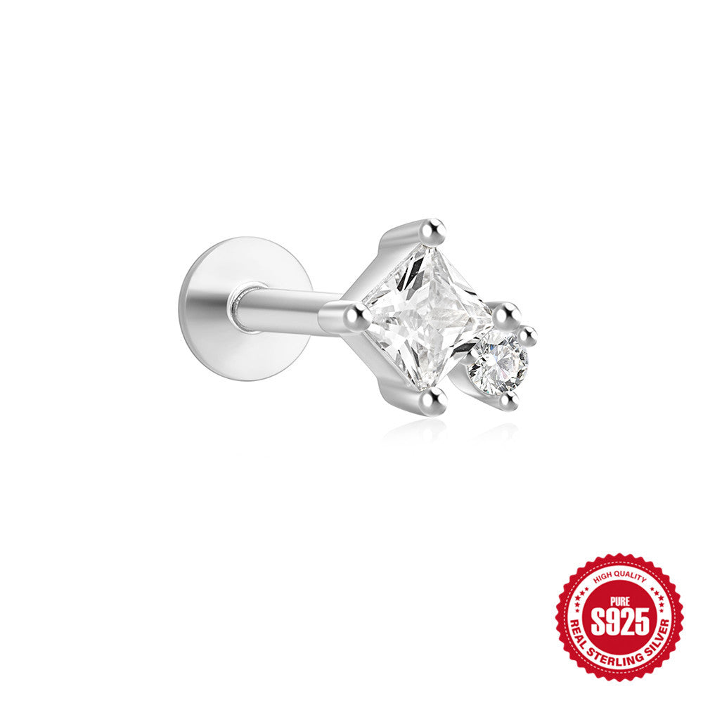 S925Sterling Silver Geometric Star Inlaid with Diamonds Fashion Flat Head Piercing Threaded Ear Bone Stud New Hot-Selling Earrings for Women