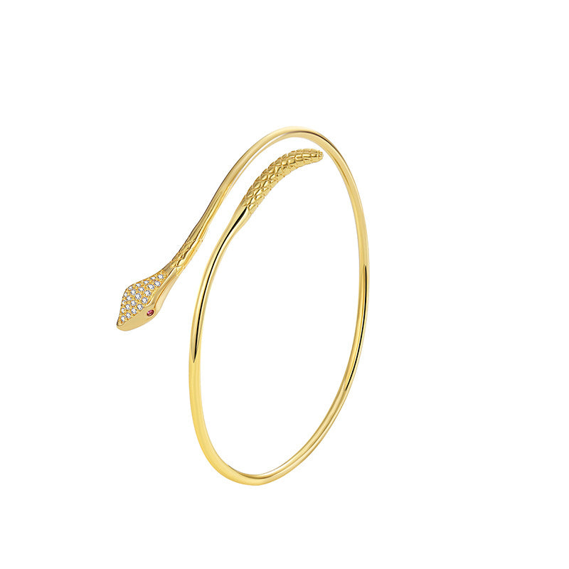 B0151 Personalized Design Snake-Shaped Bracelet for Women, Brass Gold-Plated Micro-Inlaid White Zircon Simple Bangle
