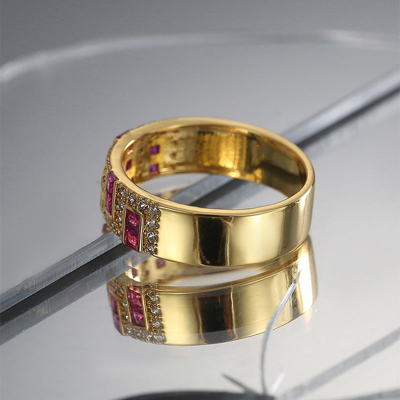 R0538 French Retro Inlaid Square Red Zircon Ring for Women Simple and Cool