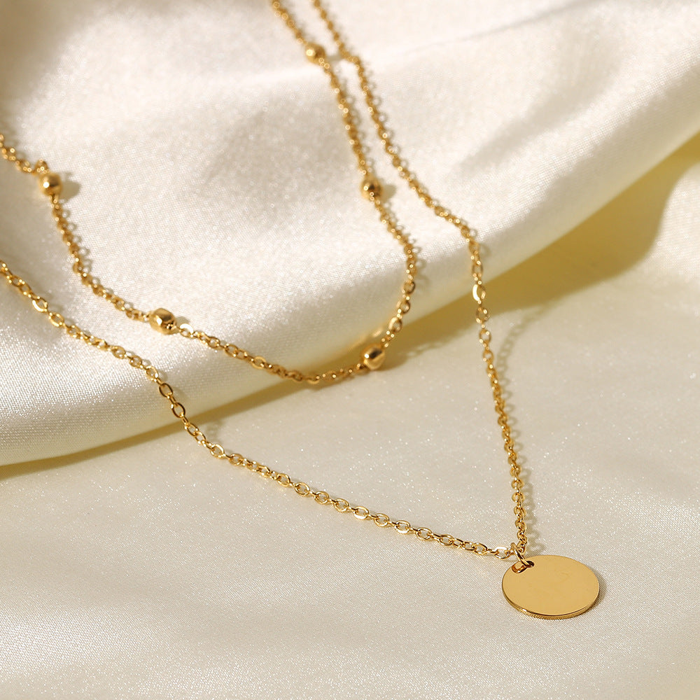 2H18K Gold-Plated Double-Layer Pendant Necklace Stainless Steel Bead Chain Round Pendant Neck Chain Women's Versatile Fashion Jewelry