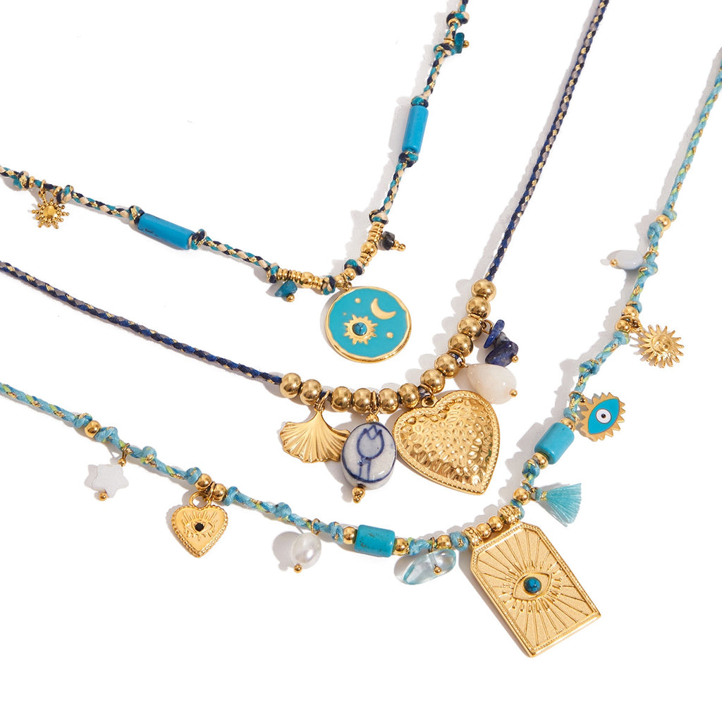 2H Turquoise Natural Stone Heart Necklace Collarbone Chain Stainless Steel Jewelry for Women