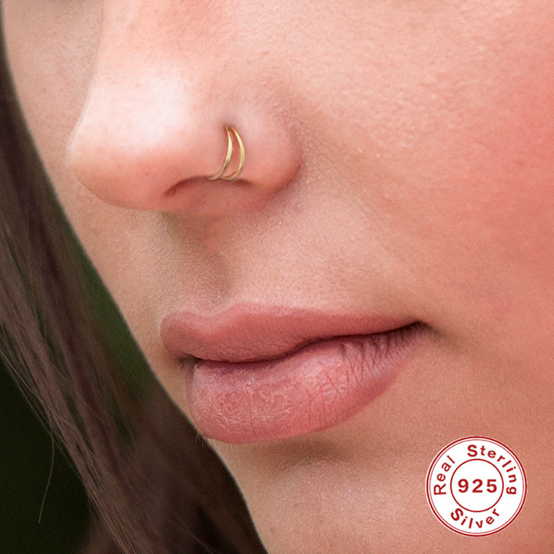 S925Sterling Silver Body Piercing Cartilage Jewelry Hot-Selling Double Ring Nose Ring Micro-Inlaid Ear Clip Earrings Ear Accessories