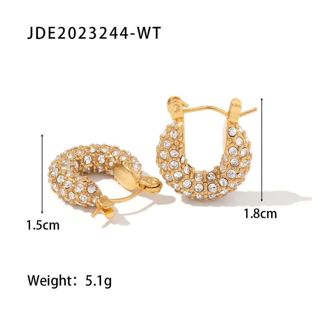2H French Style New Fashion Versatile18k Gold Plated Stainless Steel Earrings Inlaid with White Cubic Zirconia Hoop Earrings