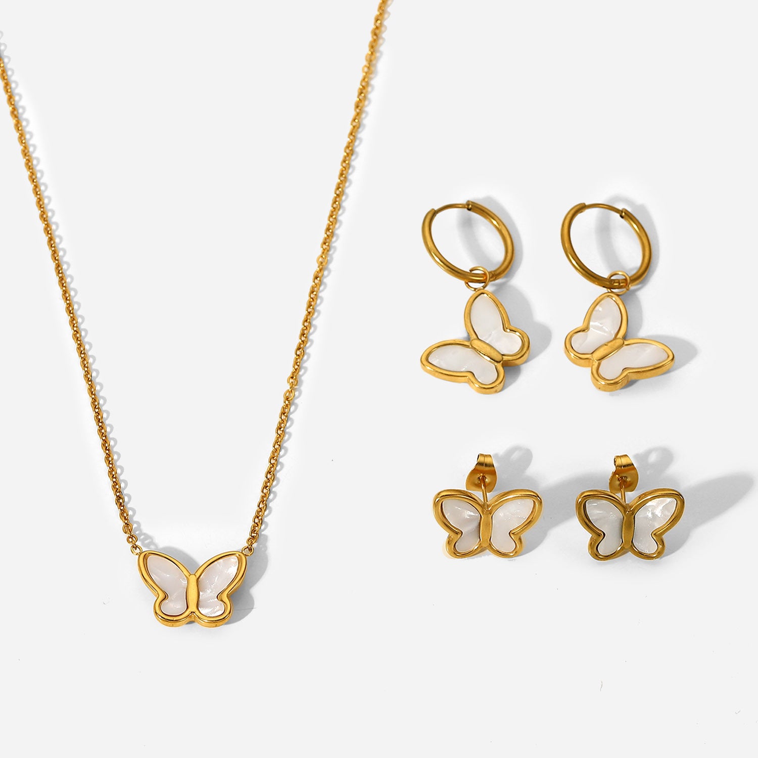 18K Gold Natural White Shell Butterfly Shape Simple Stud Earrings14K Golden White Shell Butterfly Gold Chain Stainless Steel Necklace