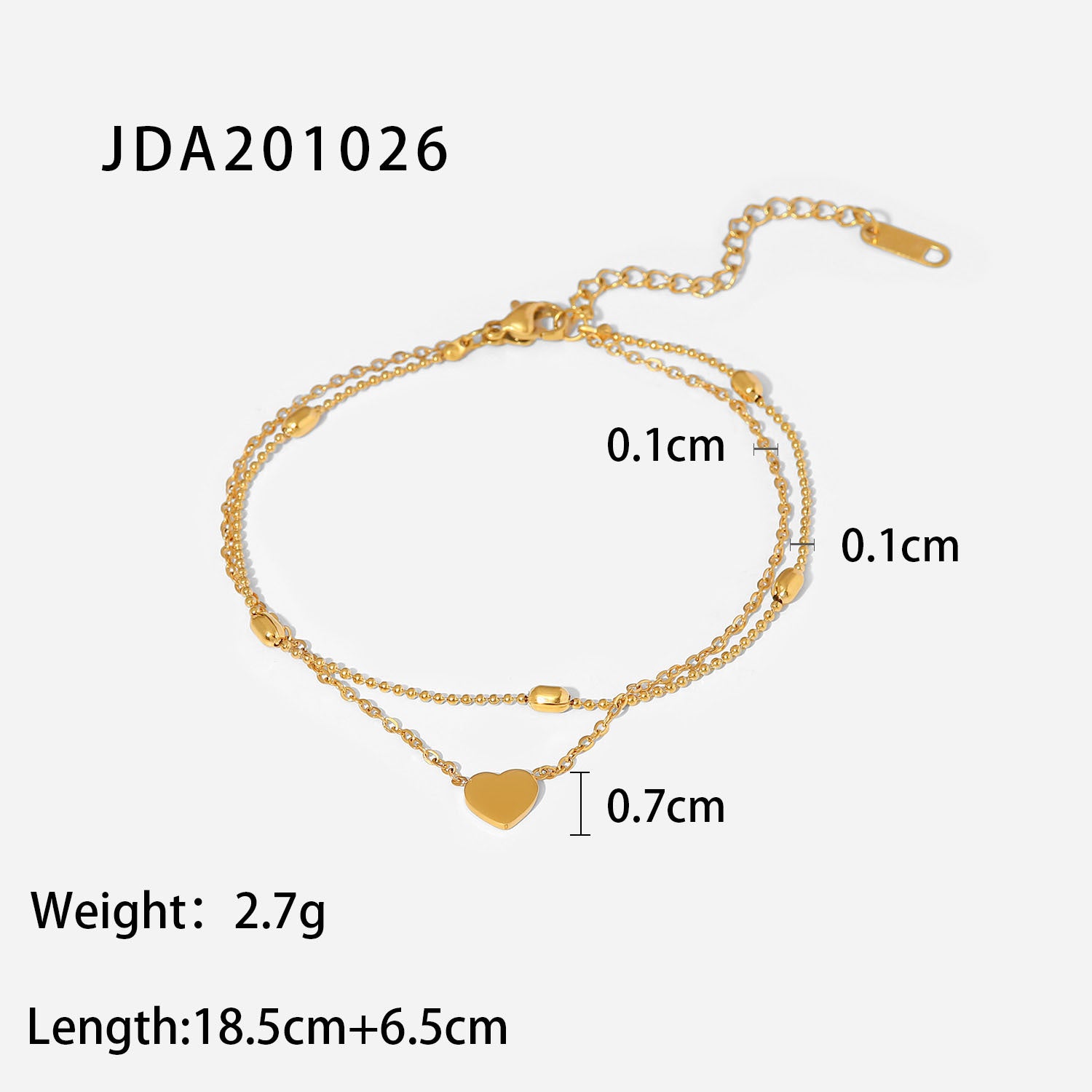 2H New Anklet18K Gold Heart Pendant Oval Bead Chain Double Layer Anklet Women's Foot Jewelry