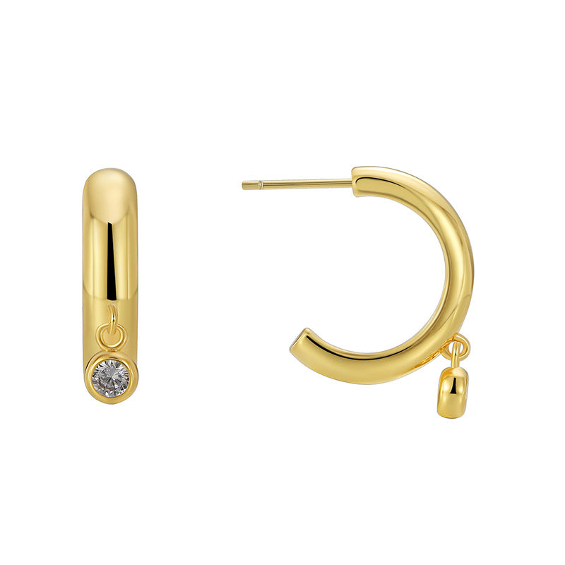 E0600 Fashionable and Simple Glossy Stud Earrings for Women C Simple Hoop Earrings with Zirconia Inlay
