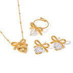 Stainless Steel Bow Necklace Zircon Stud Earrings Ring18k Gold accessories