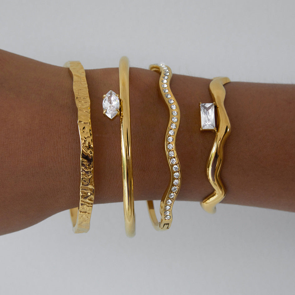 Zircon Bracelet for Women, Non-Fading Open Bangle, Stainless Steel Jewelry