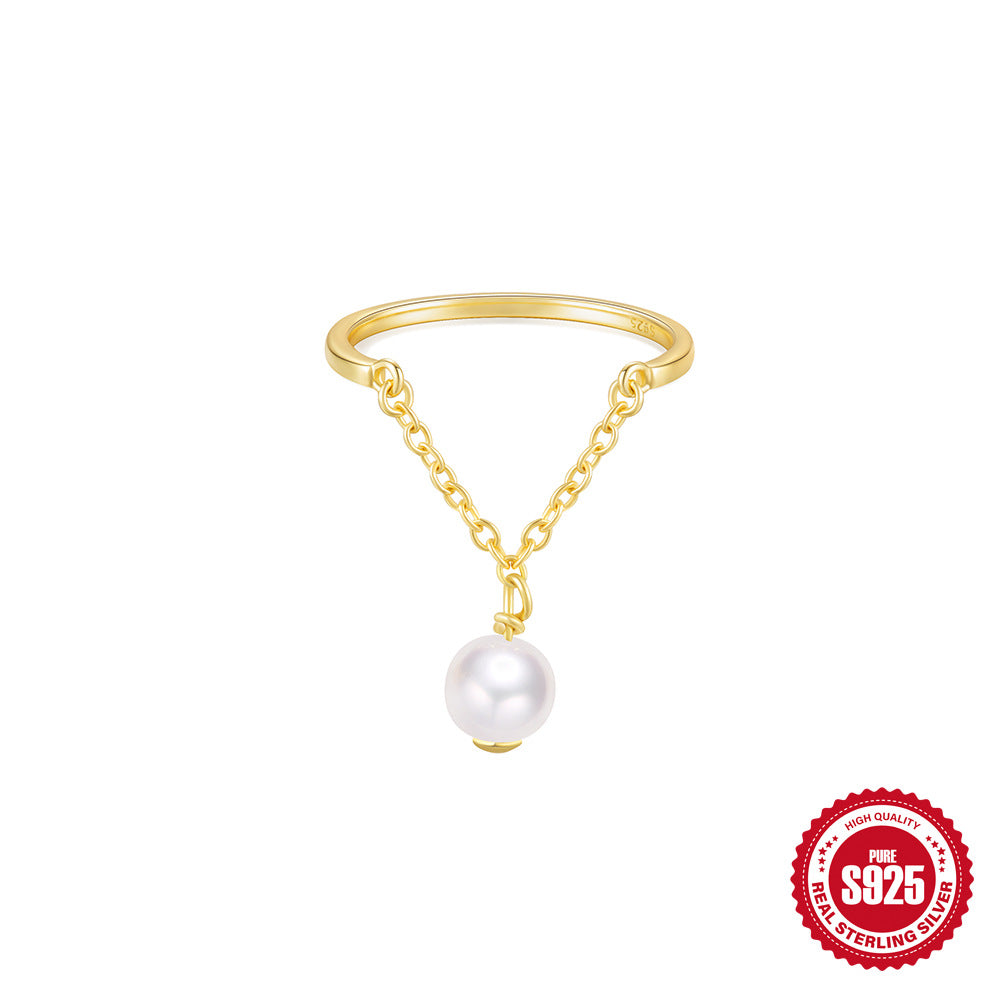 New S925Sterling Silver Heart-Shaped Tassel Inlaid Diamond Chain Adjustable Ring Hot-Selling Pearl Index Finger Ring