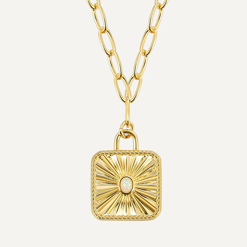 N0234 Vintage Fashion Sun Pattern Opal Inlaid Pendant for Women Brass Gold-Plated Hip-Hop Collarbone Chain