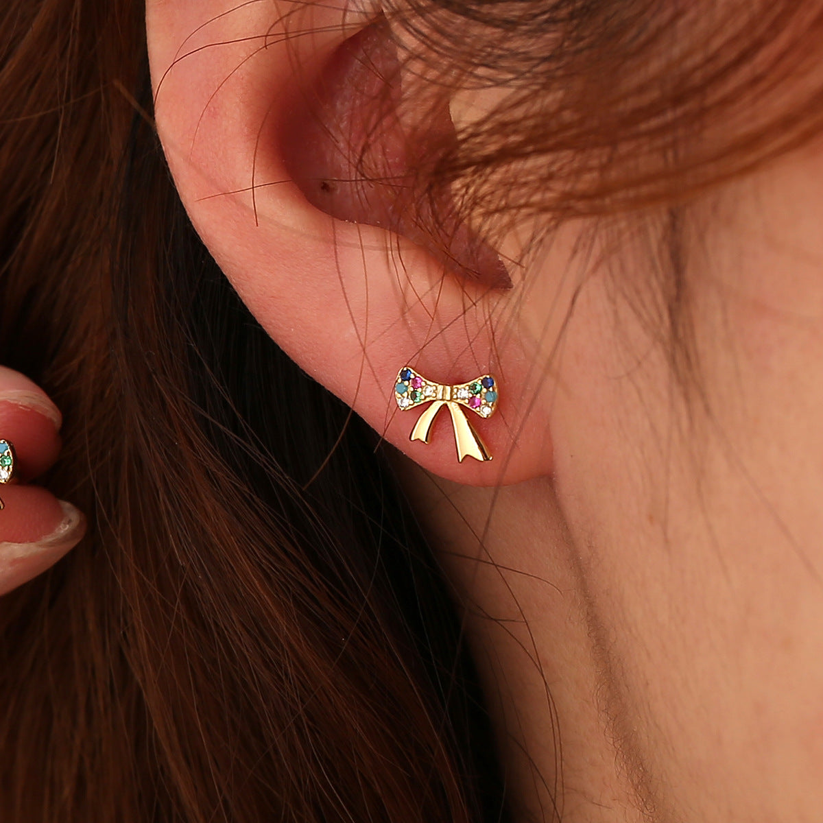 SE0325 S925Silver Colorful Zircon Bowknot Earrings Forest Style Small Sweet Stud Earrings