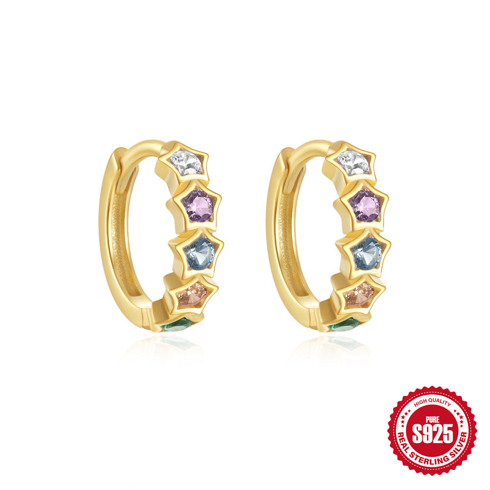 S925Sterling Silver Rainbow Colorful Star Moon Earrings Hoop Daily Wear Diamond-Studded Ear Clips Ear Jewelry for Women
