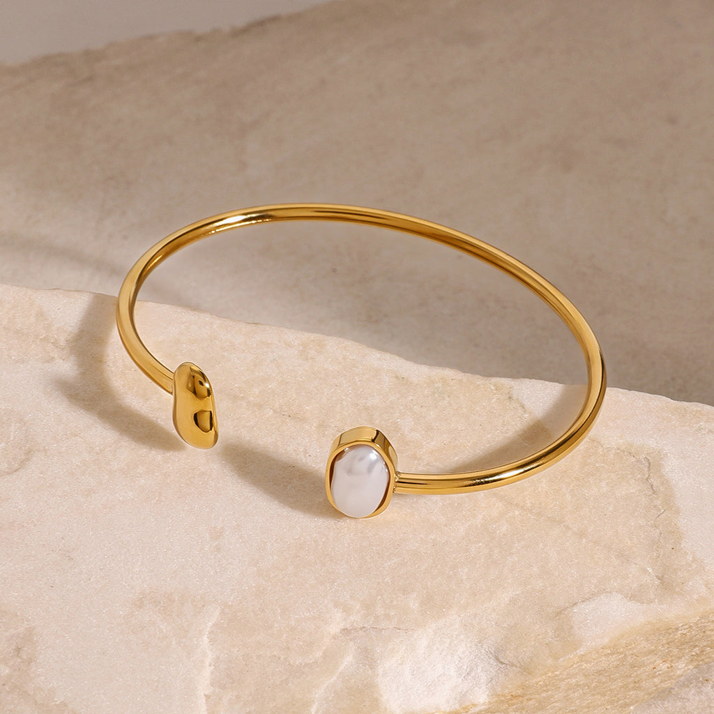 2H Stainless Steel Pearl Bracelet Open Bangle Jewelry