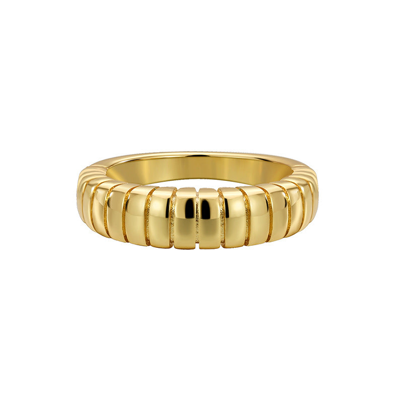 R0323 Vintage Horn Bag Texture Ring for Women, Brass Gold-Plated Simple Smooth Ring