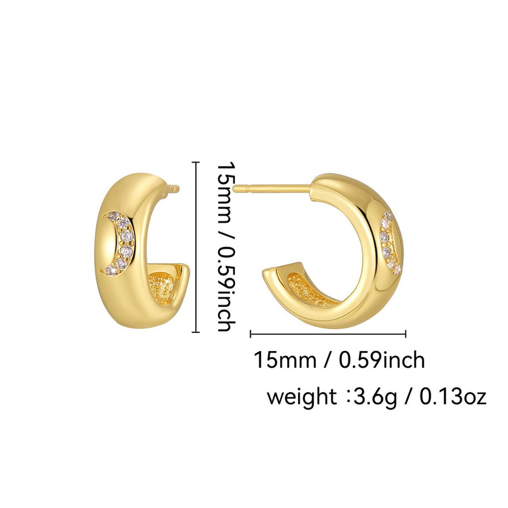 E0636 Fashion Simple Earrings for Women Copper Gold-Plated Moon Micro-Inlaid White Zircon Earrings