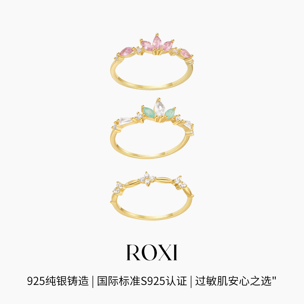 S925Sterling Silver Color Diamond Sweet Ring Female Japanese and Korean Minimalist Style Small Index Finger Ring