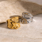 18k Gold Stainless Steel Large Hammer Pattern Open Ring Fashion Simple Unique Design Ring