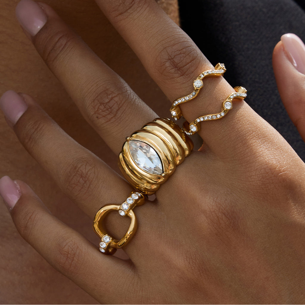 Rhinestone Ribbed Ring Non-Fading Jewelry Stainless Steel