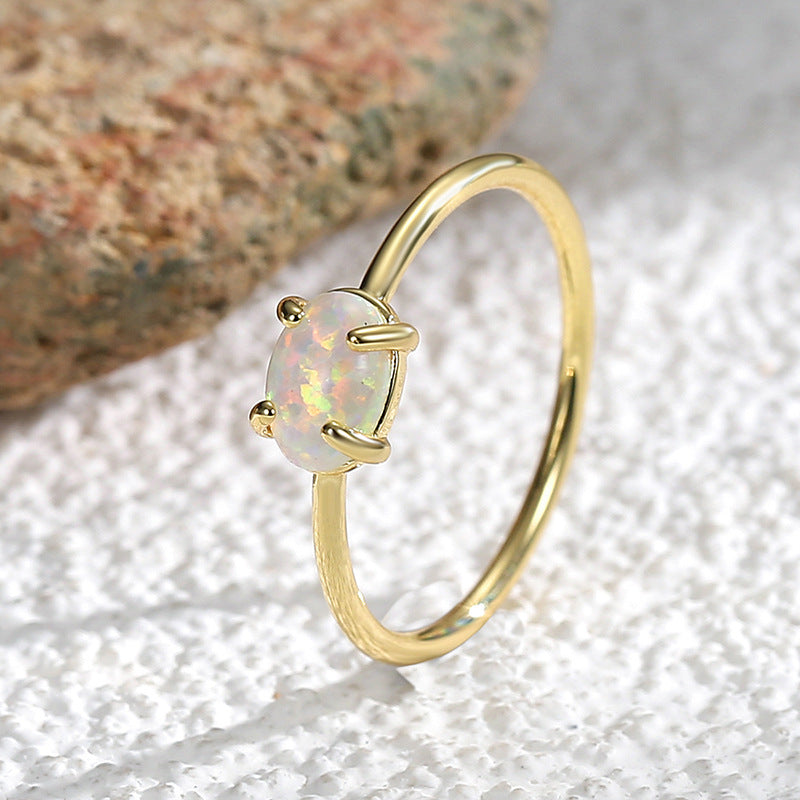 R0289 Gold-Plated Brass Ring for Women, Simple Inlaid Opal Versatile Ring