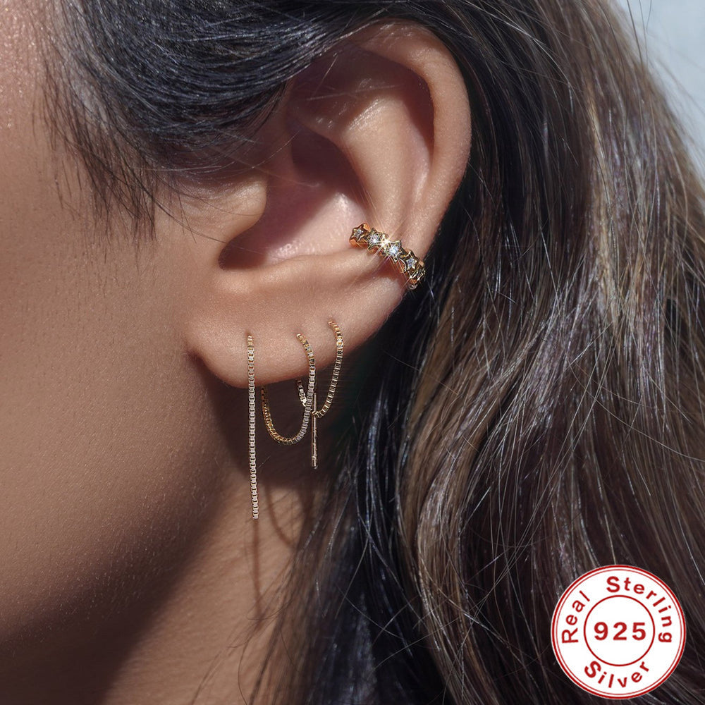 S925Sterling Silver Tassel Inlaid Diamond Mini Pentagram Ear Thread Earrings Korean and Japanese Style Women's Ear Jewelry