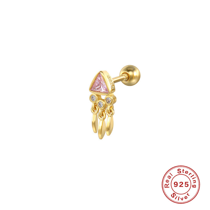 S925Sterling Silver Mini Triangle Tassel Zircon Spiral Cartilage Earrings Creative Piercing Earrings