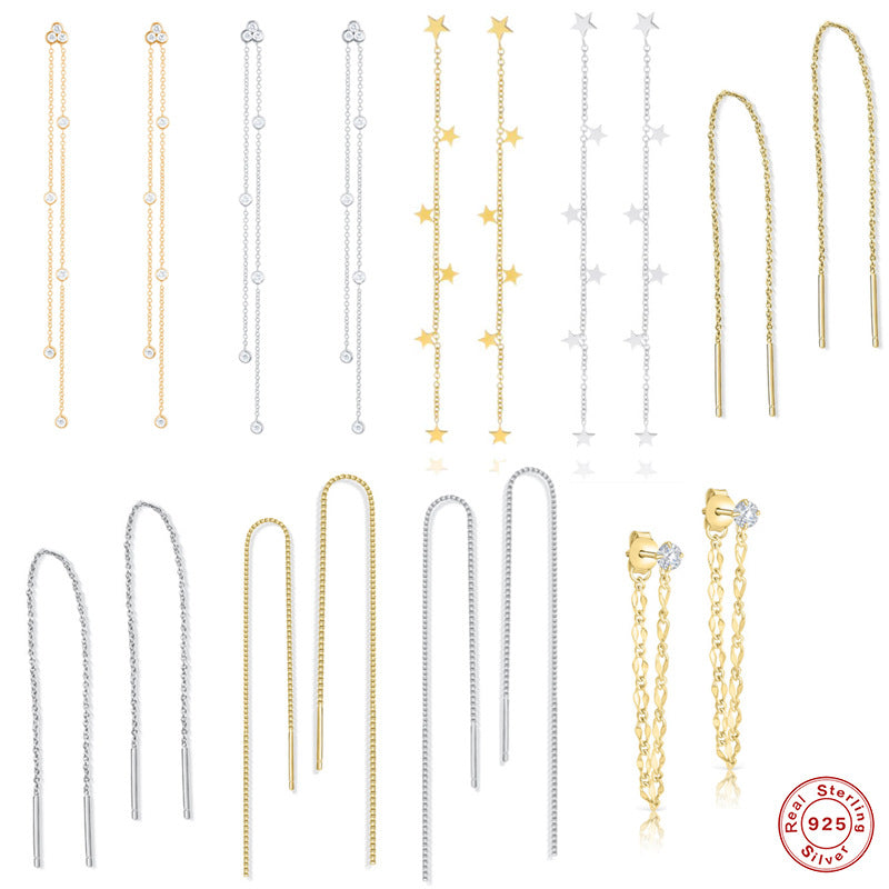 S925Sterling Silver Tassel Inlaid Diamond Mini Pentagram Ear Thread Earrings Korean and Japanese Style Women's Ear Jewelry