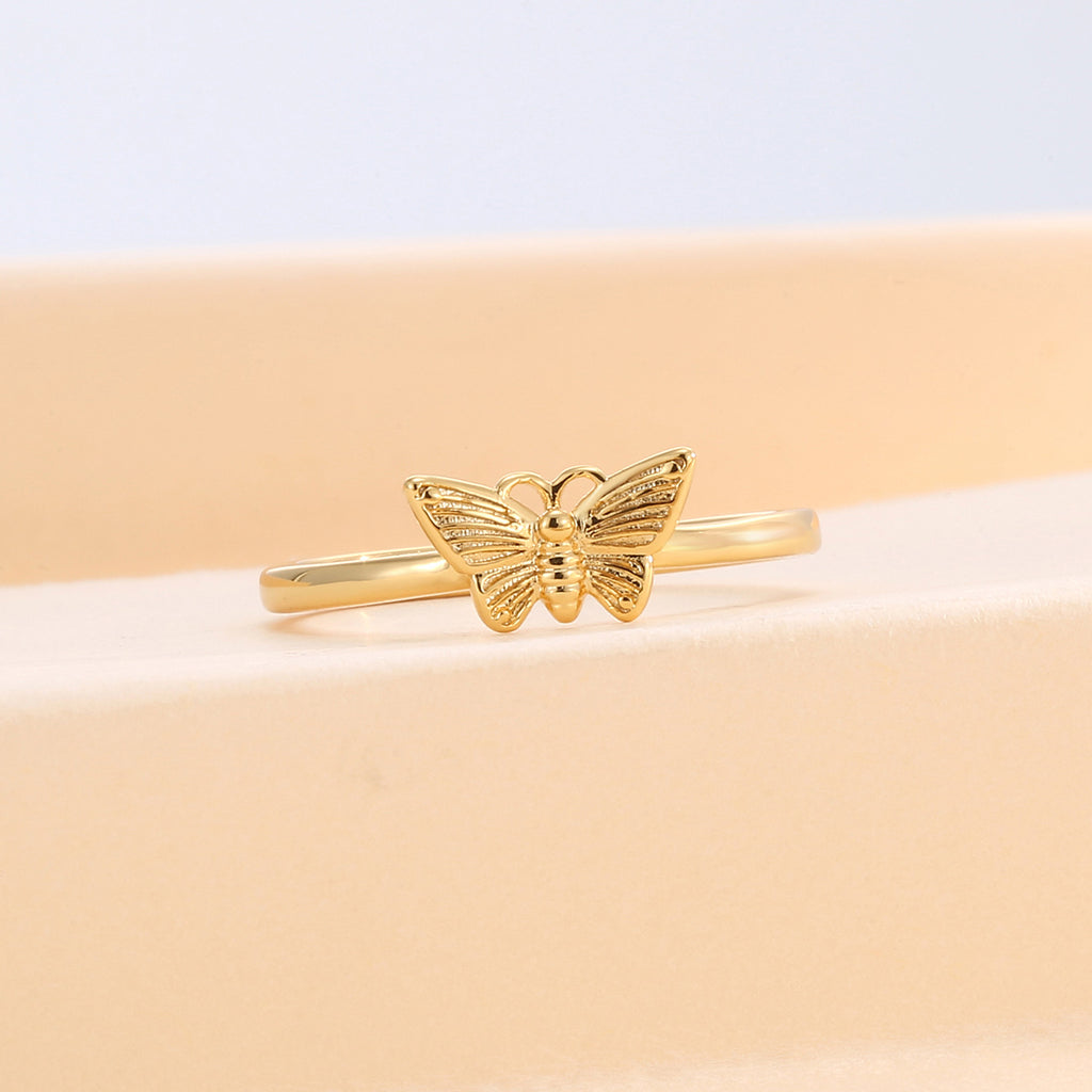 R0470 Japanese and Korean Style Small Fragrance Design Butterfly Shape Ring for Women Copper Plated with Real Gold Simple Smooth Surface Ring