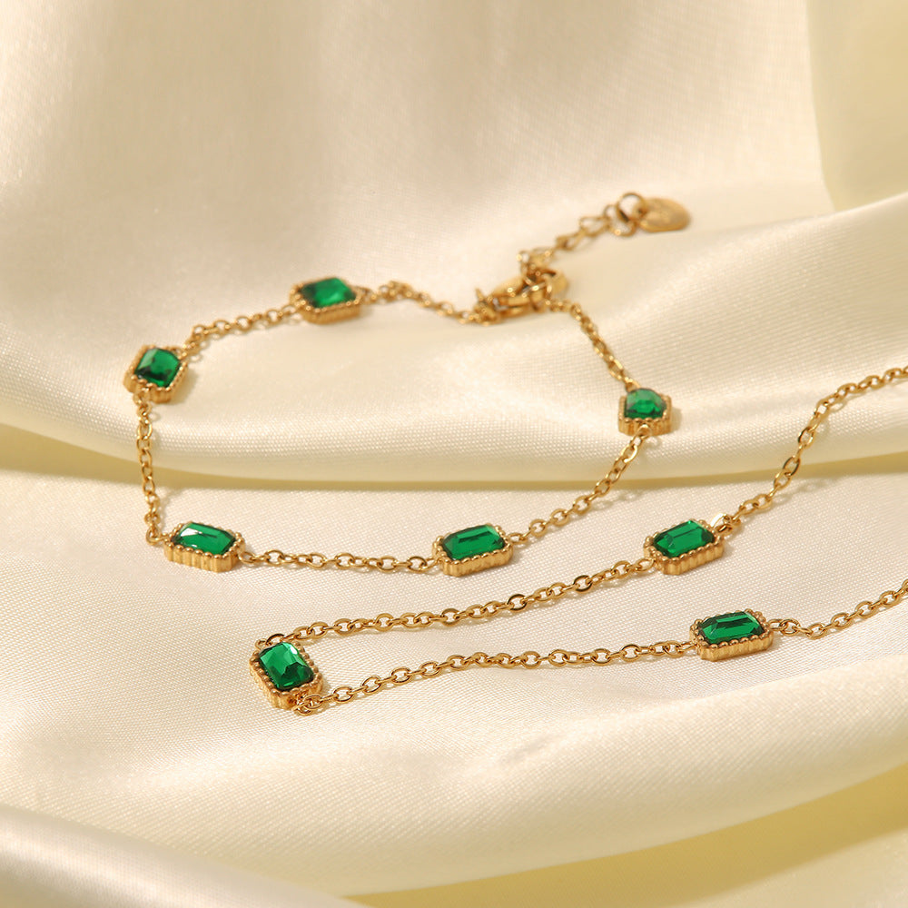 2H Square Shape Emerald Zircon Necklace Collarbone Chain Necklace Bracelet